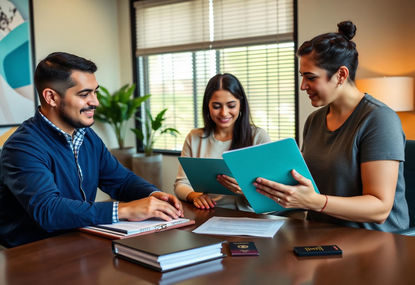 Preparador revisando formularios migratorios USCIS con una familia hispana en Katy, Texas